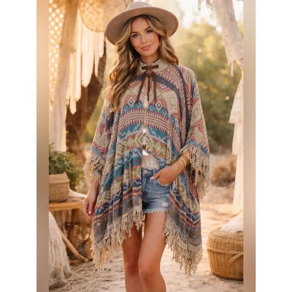 Tasha Polizzi Multicolor Aztec Print Poncho With Leather Collar Buckle